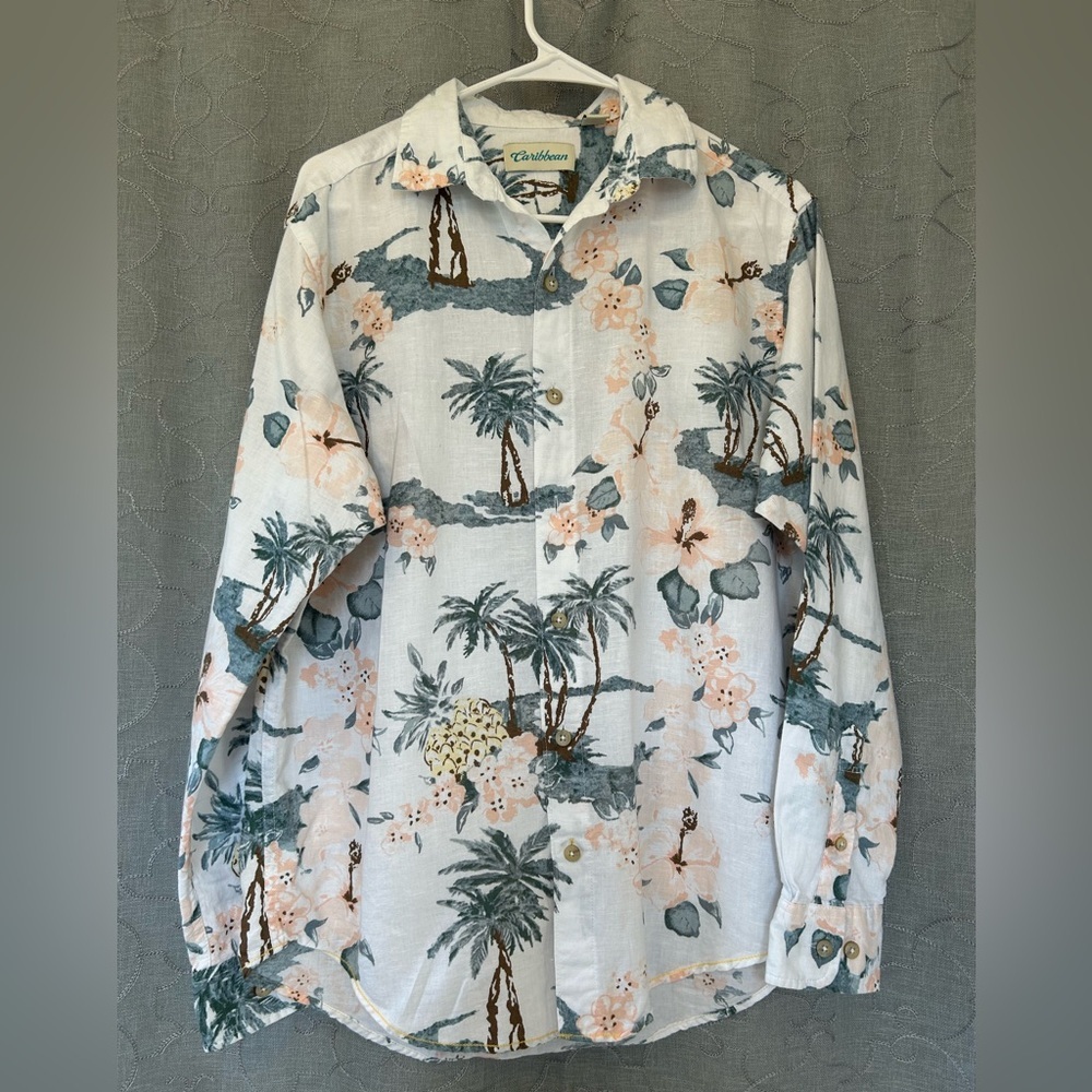 Caribbean Men's Floral Print Shirt - White and Blue